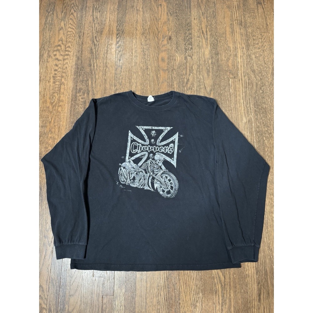 Vintage Anvil Choppers Biker Long Sleeve T-Shirt XL Black Skeleton IronCross Y2K